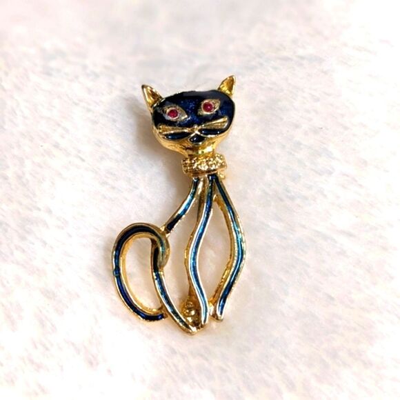 Vintage 80's Enamel and Goldtone Cat Brooche - Picture 3 of 9